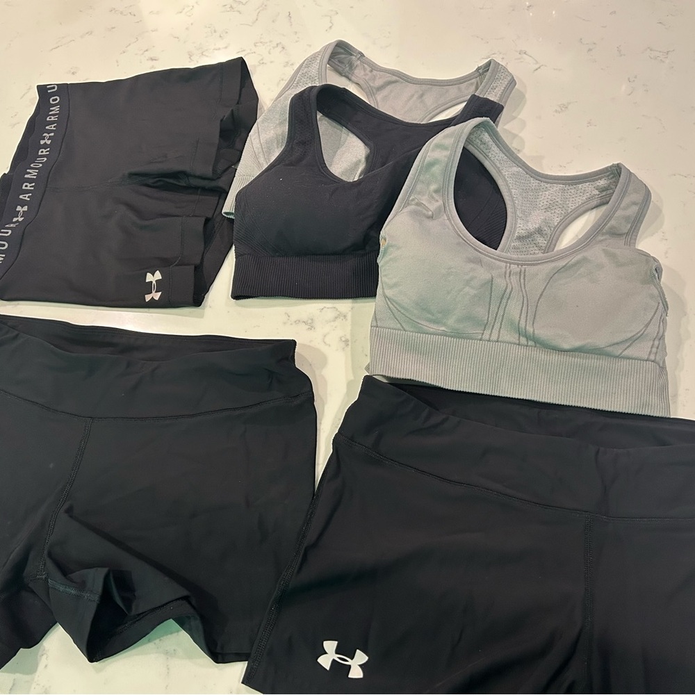 All in motion Black and Gray Sports Bras/under amour workout shorts medium/ lot